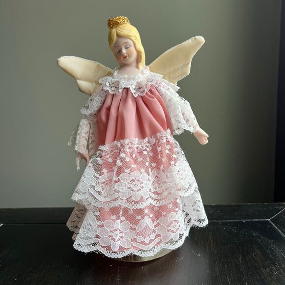 Pink and White Angel Christmas Tree Topper-9 inches Porcelain Head Small 9.5 in - Picture 1 of 9
